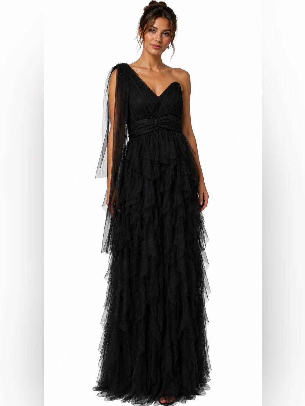 Black One-Shoulder Ruffle Maxi Dress